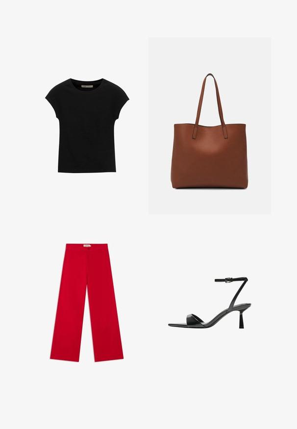 T-shirt noir à manches courtes en tissu doux, avec un col rond et une coupe décontractée, au toucher lisse et sans motifs.; Pantalons larges rouges avec une texture lisse, dotés de poches latérales et d'une fermeture à bouton à la taille. Fabriqués en tissu léger.; Bershka Sandales à talons hauts - black; Sac fourre-tout en cuir marron avec une texture lisse, design à ouverture supérieure et deux poignées pour le porter à l'épaule. Présente des coutures minimales et aucun matériel visible.