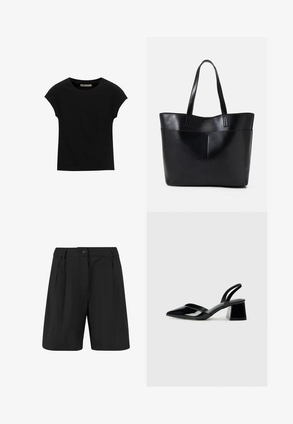 Čierne tričko s krátkym rukávom vyrobené z mäkkého materiálu, s okrúhlym výstrihom a voľným strihom, s hladkou textúrou a bez vzorov.; Čierne šortky s prispôsobeným strihom, vybavené prednými skladmi, rovnými prednými časťami a jedným gombíkom na zapínanie. Hladká textúra tkaniny.; Čierne lakované kožené sandálové podpätky s špicatou špičkou a geometrickým blokovým podpätkom. Disponujú elegantným, minimalistickým dizajnom a hladkým povrchom.; Čierna kožená tote taška s dvoma dlhými rúčkami, hladkým povrchom a štruktúrovaným tvarom. Obsahuje prednú kapsu pre dodatočné uskladnenie.