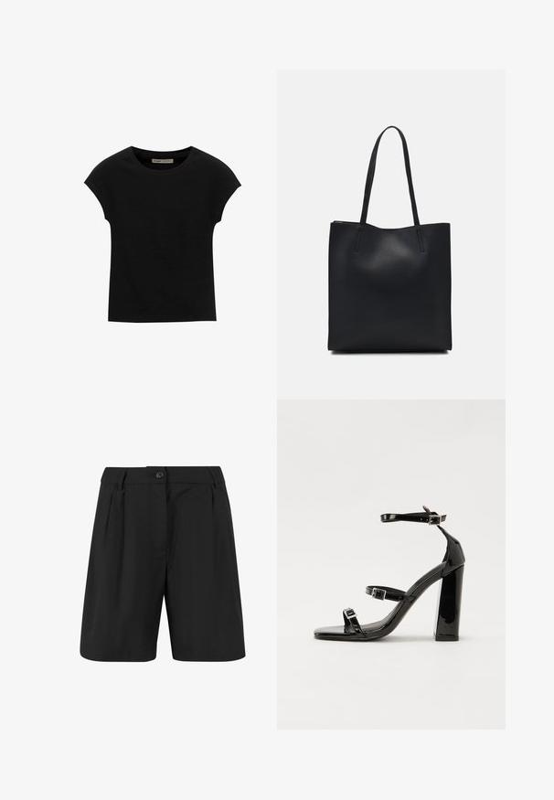 Črna kratka majica s kratkimi rokavi, narejena iz mehke tkanine, z okroglim izrezom in sproščenim krojem, z gladko teksturo in brez vzorcev.; Črne hlače s prirejenim oblikovanjem, ki vključujejo sprednje naborke, ravno sprednjo stran in en gumb za zapiranje. Gladka tekstura tkanine.; Črne lakirane sandale s peto, kvadratnim prstom, trakovi okrog gležnja in srebrnimi zaponkami. Opremljene so s stabilno Debelo peto.; Črna usnjena torba s svilnato teksturo, pravokotne oblike in dvema dolgima ročajema. Brez vidnih metalnih delov ali okrasnih elementov.