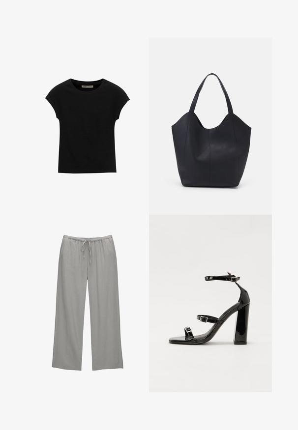 T-shirt nera a maniche corte realizzata in tessuto morbido, con scollatura rotonda e vestibilità comoda, caratterizzata da una texture liscia e senza pattern.; Pantaloni larghi grigio chiaro realizzati in tessuto morbido, con elastico in vita e coulisse, e tasche laterali.; Sandali con tacco in vernice nera, con punta squadrata, cinturini alla caviglia e fibbie in argento. Presentano un tacco a blocco spesso per maggiore stabilità.; Borsa tote nera realizzata in pelle liscia, con una parte superiore curva e aperta, dotata di due manici per spalla e un design minimalista.