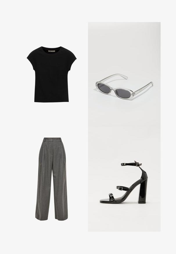 Zwarte korte mouwen t-shirt gemaakt van zachte stof, met een ronde halslijn en een ontspannen pasvorm, met een gladde textuur en zonder patronen.; s.Oliver BLACK LABEL MELIERTE MIT WIDE LEG - Broek - graphit; Zwarte gepatenteerde sandalen met hak en een vierkante neus, enkelbandjes en zilveren gespen. Heeft een stevige blokhak voor stabiliteit.; Zonnebril met een ovale vorm, helder plastic montuur, donkergrijze glazen en dunne transparante pootjes met logo-accenten en minimale details.; Zwarte leren handtas met een gebogen vorm, afneembare schouderband en gouden hardware. De tas heeft een klep met een gespsluiting.