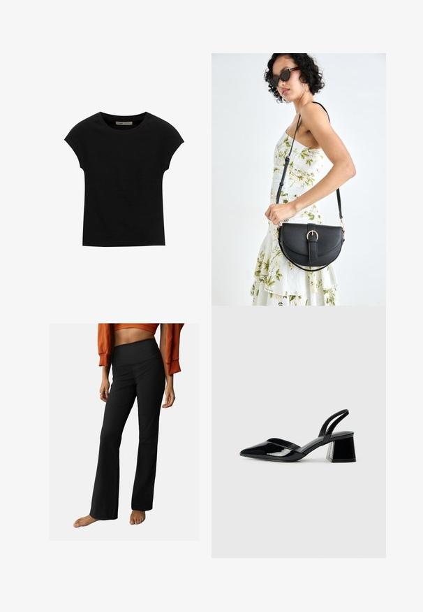 Zwarte korte mouwen t-shirt gemaakt van zachte stof, met een ronde halslijn en een ontspannen pasvorm, met een gladde textuur en zonder patronen.; Zwarte geribbelde flared broeken met een hoge tailleband, met een gladde textuur en een eenvoudig ontwerp. Kenmerken zijn onder andere een lichte flare aan de zoom.; Zwarte gepatineerde leren slingback hakken met een spitse neus en een geometrische blokhak. Kenmerkt zich door een slank, minimalistisch ontwerp en een gladde textuur.; Zwarte leren handtas met een gebogen vorm, afneembare schouderband en gouden hardware. De tas heeft een klep met een gespsluiting.