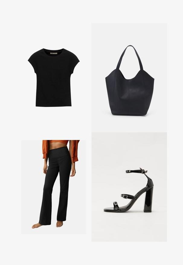 Črna kratka majica s kratkimi rokavi, narejena iz mehke tkanine, z okroglim izrezom in sproščenim krojem, z gladko teksturo in brez vzorcev.; Črne rebraste flare hlače z visokim pasom, ki imajo gladko teksturo in preprost dizajn. Akcenti vključujejo rahlo zadišavanje na robu.; Črne lakirane sandale s peto, kvadratnim prstom, trakovi okrog gležnja in srebrnimi zaponkami. Opremljene so s stabilno Debelo peto.; Črna torba v obliki tote iz gladke usnjene površine, ki ima ukrivljen odprt vrh z dvema naramnicama in minimalističnim dizajnom.