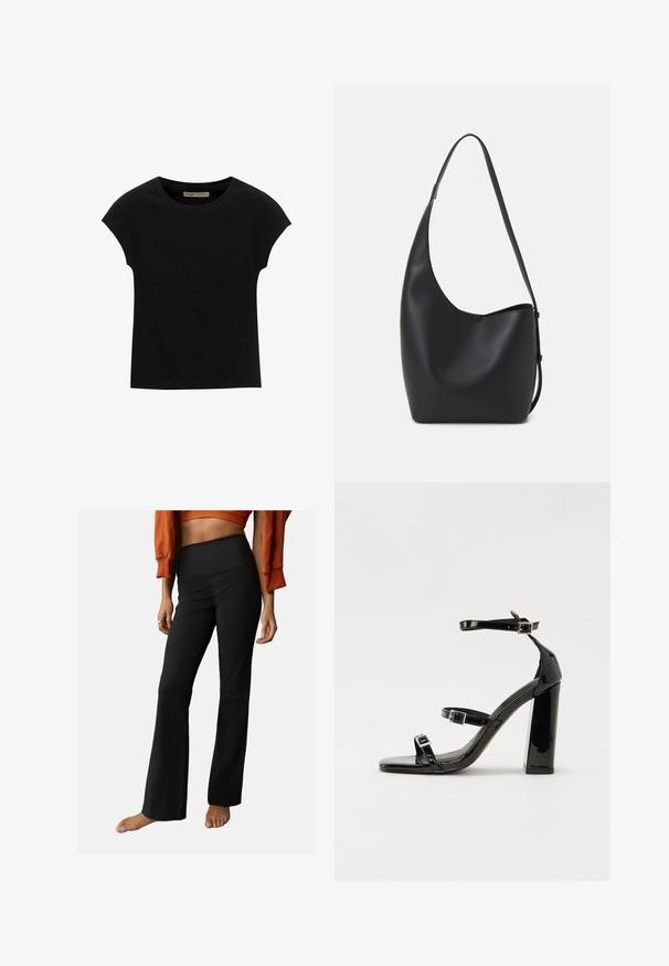 Zwarte korte mouwen t-shirt gemaakt van zachte stof, met een ronde halslijn en een ontspannen pasvorm, met een gladde textuur en zonder patronen.; Zwarte geribbelde flared broeken met een hoge tailleband, met een gladde textuur en een eenvoudig ontwerp. Kenmerken zijn onder andere een lichte flare aan de zoom.; Zwarte gepatenteerde sandalen met hak en een vierkante neus, enkelbandjes en zilveren gespen. Heeft een stevige blokhak voor stabiliteit.; Zwarte leren hobo tas met een gladde textuur, kromme vorm en een enkele verstelbare schouderband; heeft een brede opening aan de bovenkant.