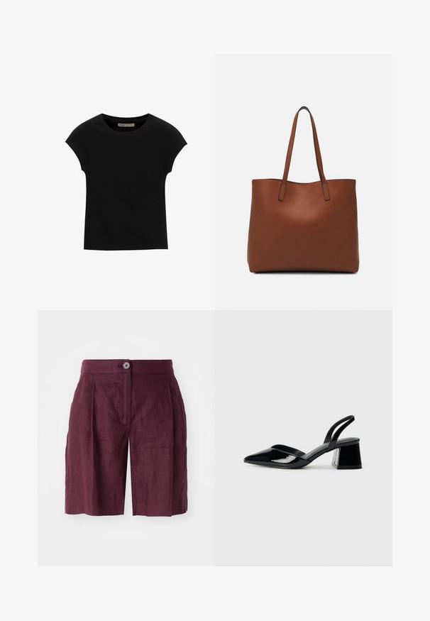 Mustat lyhythihaiset T-paidat, jotka on valmistettu pehmeästä kankaasta, pyöreä kaula-aukko ja rento istuvuus, sileä pinta eikä kuvioita.; Burgundy-linjan lyhyet housut räätälöidyllä istuvuudella, jossa on nappikiinnitys, etusommat, sivutaskut, sileä pinta ja polvitason muotoilu.; Mustat patentoitu nahkakengät, joissa on säären takaosa ja terävä kärki, sekä geometrinen palikkakorko. Sisältää tyylikkään, minimalistisen muotoilun ja sileän pinnan.; Ruskea nahkainen olkalaukku, jossa on sileä pinta, avoin yläosa ja kaksi olkahihnaa. Omaavat vain minimaalisen ompelun eikä näkyvää metalliosaa.
