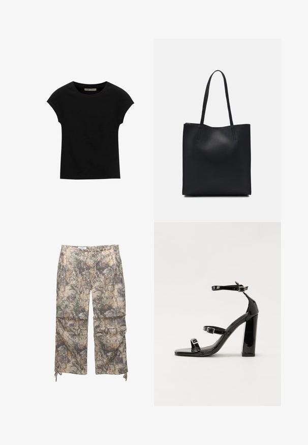 Crna majica s kratkim rukavima od mekog materijala, s okruglim izrezom i opuštenim krojem, s glatkom teksturom i bez uzoraka.; Hlače s kamuflažnim uzorkom izrađene od lagane tkanine, s elastikom u struku, bočnim džepovima i podešivim špagama na gležnjevima.; Crne lakirane sandale na pete sa kvadratnim nosom, trakama oko gležnja i srebrnim kopčama. Imaju čvrst blok petu za stabilnost.; Crna kožna torba za nošenje s glatkom teksturom, pravokutnim oblikom i dvije duge ručke. Nema vidljivih metalnih dijelova ili ukrasa.