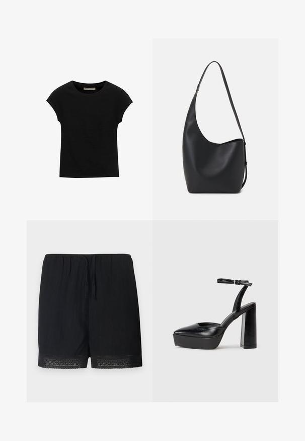 Fekete, rövid ujjú póló, puha anyagból, kerek nyakkivágással és laza szabással, sima felülettel és minták nélkül.; Fekete, textúrált anyagból készült rövidnadrág, elasztikus derékkal és megkötővel, lágy csipke díszítéssel az alján.; Fekete platform magassarkú cipők hegyes orral és állítható bokapánttal. Sima bőrből készült, vastag talppal.; Fekete bőr hobo táska sima textúrával, ívelt formával és egyetlen állítható pánttal; széles nyílás található a tetején.