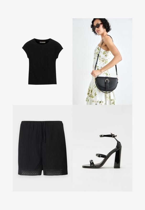Černé tričko s krátkým rukávem vyrobené z měkké tkaniny, s kulatým výstřihem a volným střihem, s hladkým povrchem a bez vzorů.; Černé šortky vyrobené z texturované látky s elastickým pasem a stahovací šňůrkou, s jemným krajkovým lemem na okraji.; Černé lakované sandály na podpatku se čtveratou špičkou, lýtkovými pásky a stříbrnými přezkami. Disponují masivním blokovým podpatkem pro stabilitu.; Černá kožená kabelka s křivkovým tvarem, odnímatelným popruhem a zlatými detaily. Kabelka má klopu s přezkou.