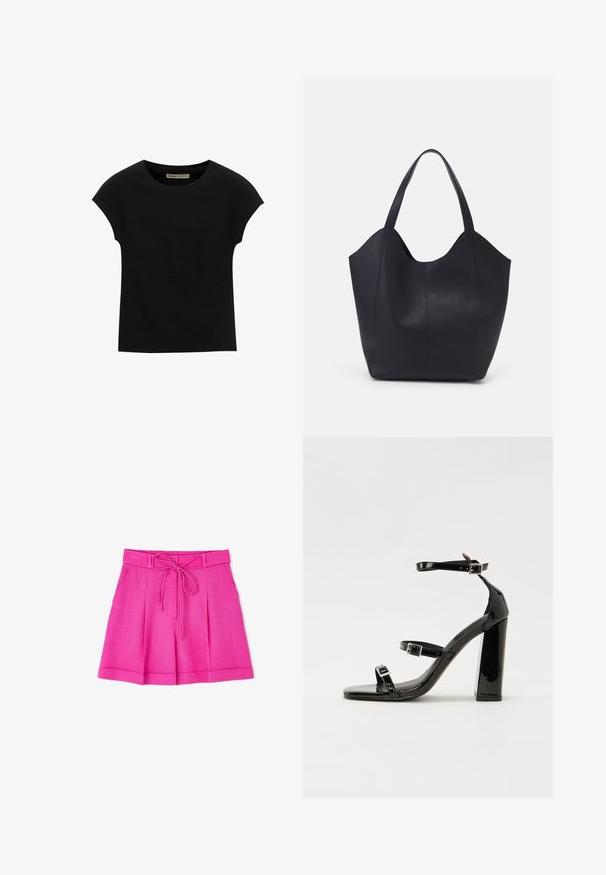 Zwarte korte mouwen t-shirt gemaakt van zachte stof, met een ronde halslijn en een ontspannen pasvorm, met een gladde textuur en zonder patronen.; Roze shorts van lichtgewicht stof met een gestrikt tailleband, met plooien en twee zijzakken. Gladde textuur, casual ontwerp.; Zwarte gepatenteerde sandalen met hak en een vierkante neus, enkelbandjes en zilveren gespen. Heeft een stevige blokhak voor stabiliteit.; Zwarte tote tas van glad leer, met een gebogen, open bovenkant en twee schouderbanden, en een minimalistisch ontwerp.