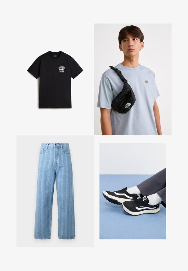 Schwarzes Baumwoll-T-Shirt mit einem weißen Grafiktextdesign auf der linken Brust, das "It's a Warped World Vans" liest. Klassischer Rundhalsausschnitt.; Hellblaue Denim-Jeans mit weitem Bein, die ein wiederkehrendes Kettenmuster aufweisen. Klassischer Fünf-Taschen-Stil und metallischer Knopf. ; Schwarze Sneaker mit weißen Akzenten, aus Mesh- und Gummimaterialien, mit einer strukturierten Sohle und Fersenschlaufe. Getragen mit weißen Socken und grauen Hosen.; Schwarze Nylon-Crossbody-Tasche mit verstellbarem Riemen, die ein auffälliges weißes Logo trägt. Wird über einem hellblauen T-Shirt getragen. Schlichtes, funktionales Design.