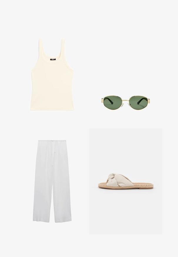 Canottiera light beige in tessuto a costine, con scollatura rotonda e spalline spesse, dalla forma aderente e con dettagli minimi.; Pantaloni bianchi a gamba larga realizzati in tessuto leggero, con una vita elastica dotata di coulisse per una vestibilità regolabile.; Sandalo in tessuto beige con design superiore annodato e suola in juta intrecciata. Stile piatto e aperto davanti, con bordo testurizzato e intrecciato.; Occhiali da sole con montatura dorata e lenti verdi, forma ovale, stanghette nere e naselli trasparenti. Design pulito e minimalista.