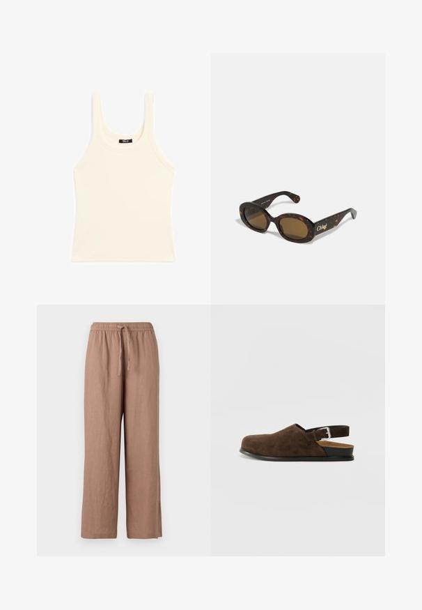 Lichtbeige tanktop gemaakt van ribgebreide stof, met een ronde halslijn en dikke bandjes, in een aansluitende pasvorm en met minimale details.; Lichtbruine linnen broek met brede pijpen, elastische tailleband en trekkoord. Kenmerkt zich door een soepele textuur en een enkellange snit.; Bruin suède instapper met een lage hak, een verstelbare band met een zilveren gesp en een zwarte rubberen zool.; Schildpadbril met ovale monturen, bruin getinte lenzen en "Chloé" merk op de arm. Gladde plastic materiaal met een glanzende afwerking.; Bruine suède tote bag met een brede vorm en zachte textuur, voorzien van een enkele schouderband en minimale hardware tegen een neutrale achtergrond.