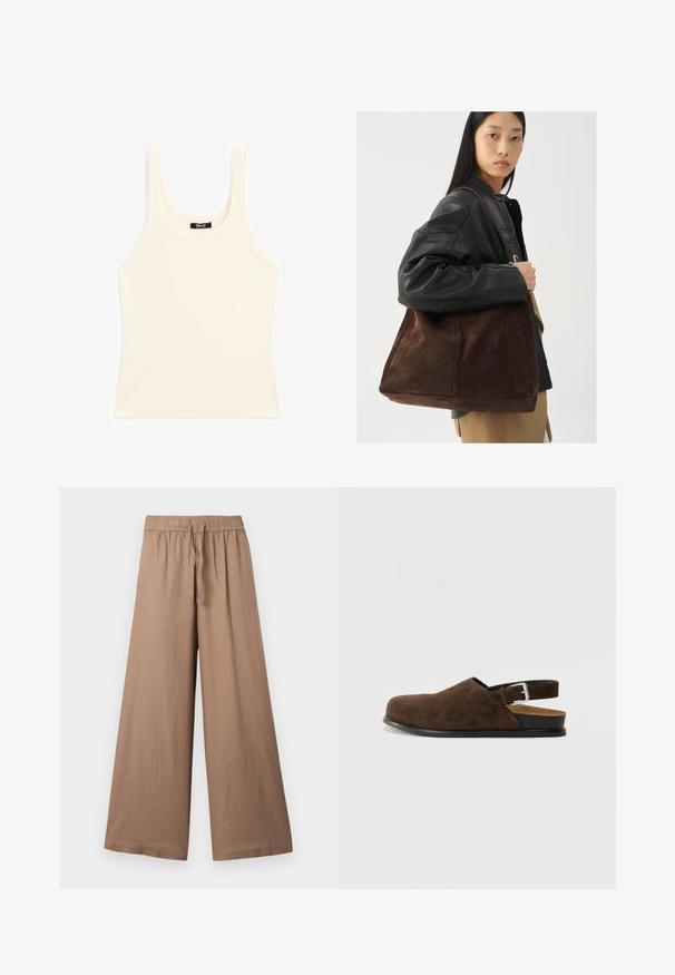 Lichtbeige tanktop gemaakt van ribgebreide stof, met een ronde halslijn en dikke bandjes, in een aansluitende pasvorm en met minimale details.; Wijd gesneden broeken van lichtbruin stof, met een elastische tailleband en een trekkoord, en een gladde, gestructureerde afwerking.; Bruin suède instapper met een lage hak, een verstelbare band met een zilveren gesp en een zwarte rubberen zool.; Bruine suède tote bag met een brede vorm en zachte textuur, voorzien van een enkele schouderband en minimale hardware tegen een neutrale achtergrond.