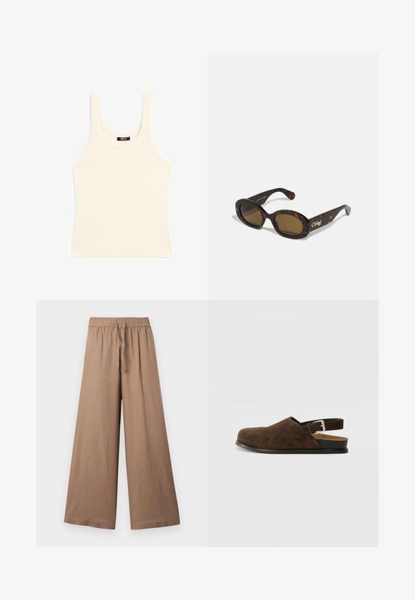 Svetle béžový tílko vyrobené z ribbovaného materiálu, s kulatým výstřihem a širokými ramínky, s přiléhavým střihem a minimálním zdobením.; Kalhoty s širokými nohavicemi z jemně hnědého materiálu, s elastickým pasem a tkaničkou a hladkým, texturovaným povrchem.; Hnědá semišová slip-on obuv s nízkým podpatkem, nastavitelným páskem se stříbrnou sponou a černou gumovou podrážkou.; Sluneční brýle v želvovinovém designu s oválnými rámy, hnědými skly a logem "Chloé" na nožičce. Hladký plastový materiál s lesklým povrchem.