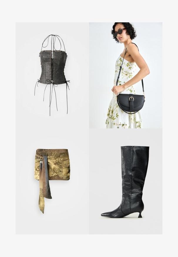 Jaded London LONGLINE LACE UP HALTER CORSET - Top - black; Foulard di seta con stampa mappa astratta, caratterizzato da tonalità marroni e dorate, annodato da un lato. La texture appare liscia con un design fluido.; Stivali neri in ecopelle al ginocchio con una finitura lucida effetto coccodrillo, punta affusolata e tacco sottile e angolare. Design classico e silhouette slanciata.; Borsa a tracolla nera in pelle con una forma curva, manico rimovibile e accessori dorati. La borsa presenta una patta con un dettaglio a fibbia.