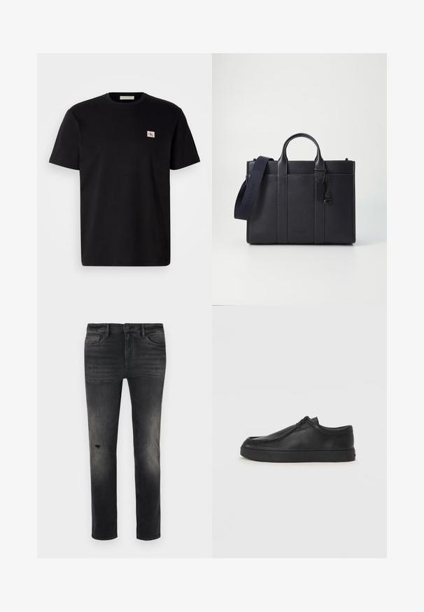 T-shirt de algodão preto com mangas curtas, gola redonda e um pequeno logotipo bordado no lado esquerdo do peito. Textura suave, corte regular.; Jeans de ganga pretos slim-fit com desvanecimento, ligeira degradação perto do joelho, cinco bolsos e fecho padrão com botão e zíper.; Sapata slip-on de couro preto com biqueira arredondada, detalhes cosidos e sola de borracha preta. Textura suave com design minimalista.; Pasta de couro azul-marinho escura com alças superiores duplas e uma alça destacável. Apresenta um acabamento texturizado, costura vertical e detalhe do logotipo.