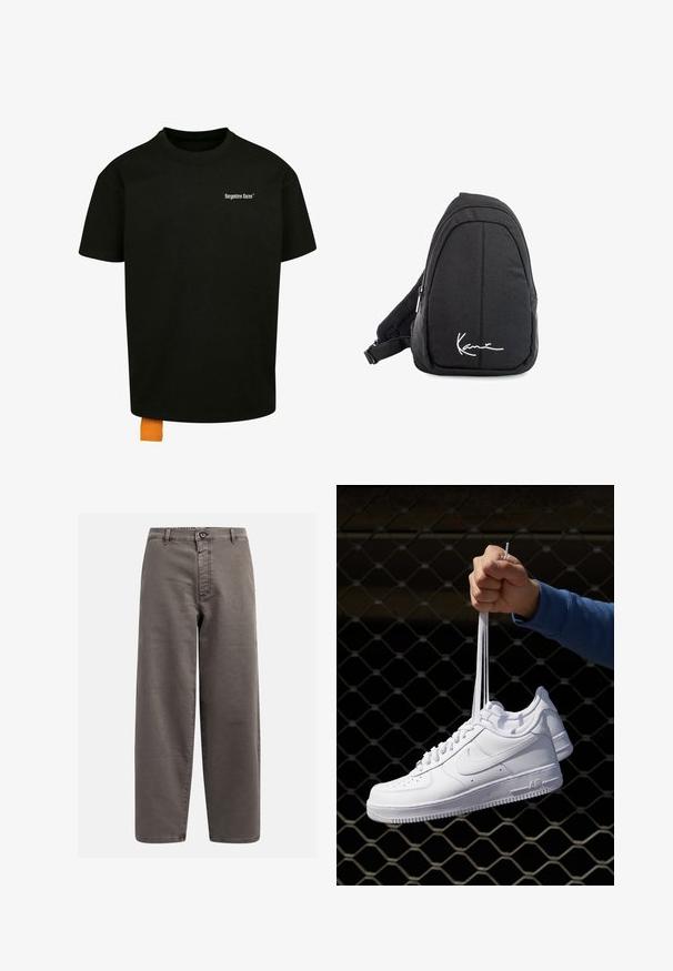 Black cotton t-shirt with a loose fit, crew neck, and short sleeves. Features white text logo on the chest and an orange tag at the hem.; Gray wide-leg trousers made of cotton blend; features a button closure, belt loops, and front pockets; smooth, durable texture.; White leather sneakers with perforations, round toe, flat sole, and thick laces, featuring a visible swoosh logo and "AIR" on the heel.; Black fabric sling backpack with a smooth texture, featuring a curved design, zippered compartment, and a white logo on the front.
