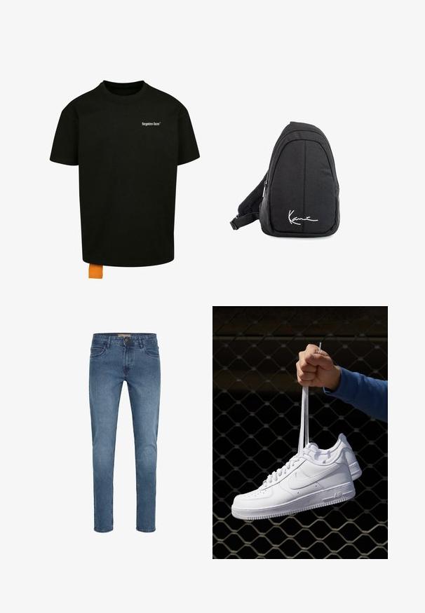 Camiseta de algodón negra con un corte holgado, cuello redondo y mangas cortas. Presenta un logotipo en texto blanco en el pecho y una etiqueta naranja en el dobladillo.; Jeans de mezclilla azul oscuro, de corte slim, con diseño de cinco bolsillos, cierre de botón y costuras visibles. La tela parece suave con una ligera textura.; Zapatillas de cuero blanco con perforaciones, punta redonda, suela plana y cordones gruesos, con un logo de swoosh visible y "AIR" en el talón.; Mochila de tela negra tipo bandolera con una textura suave, que presenta un diseño curvado, un compartimento con cremallera y un logo blanco en la parte frontal.