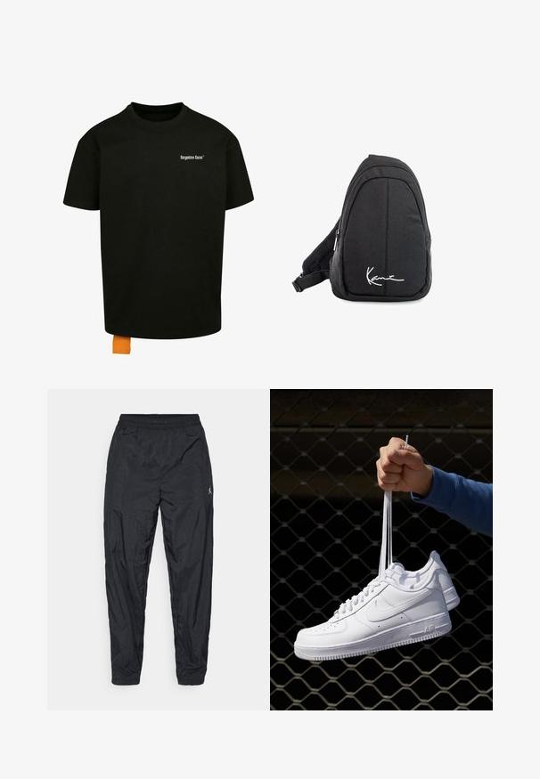 Zwarte katoenen t-shirt met een losse pasvorm, ronde hals en korte mouwen. Bevat een wit tekstlogo op de borst en een oranje label aan de zoom.; Zwarte sportbroek gemaakt van lichtgewicht stof. Heeft een elastische tailleband en een klein logo detail aan de zijkant. Tapered leg ontwerp.; Witte leren sneakers met perforaties, ronde neus, vlakke zool en dikke veters, met een zichtbare swoosh-logo en "AIR" op de hiel.; Zwarte stoffen schouderrugzak met een soepele textuur, met een gebogen ontwerp, een ritscompartiment en een wit logo aan de voorkant.