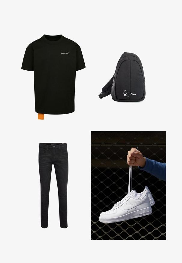 Czarna bawełniana koszulka z luźnym krojem, okrągłym dekoltem i krótkimi rękawami. Zawiera białe logo tekstowe na klatce piersiowej oraz pomarańczową metkę u dołu.; Czarne dżinsy o wąskim kroju, z pięcioma kieszeniami, przednim zapięciem na guzik i gładką fakturą. Odpowiednie na co dzień.; Białe skórzane sneakersy z perforacjami, okrągłym noskiem, płaską podeszwą i grubymi sznurówkami, z widocznym logo swoosh i napisem „AIR” na pięcie.; Czarny plecak na ramię z gładkiego materiału, o zaokrąglonym kształcie, z zamykaną komorą i białym logo z przodu.