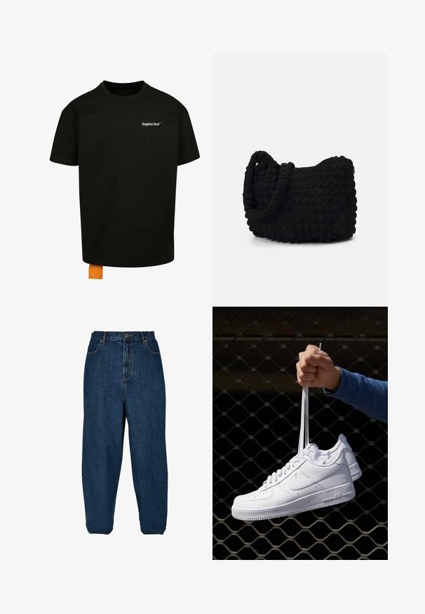 Czarna bawełniana koszulka z luźnym krojem, okrągłym dekoltem i krótkimi rękawami. Zawiera białe logo tekstowe na klatce piersiowej oraz pomarańczową metkę u dołu.; Ciemnoniebieskie dżinsy o luźnym kroju, wysokim stanie i elastycznych mankietach. Posiadają zapięcie na guziki z przodu oraz pięć kieszeni.; Białe skórzane sneakersy z perforacjami, okrągłym noskiem, płaską podeszwą i grubymi sznurówkami, z widocznym logo swoosh i napisem „AIR” na pięcie.; Czarna torba z materiału o fakturowanym, pikowanym wzorze. Owalny kształt, krótkie, grube rączki oraz miękka, elastyczna struktura.