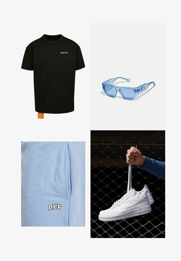 T-shirt nero in cotone con vestibilità ampia, colletto rotondo e maniche corte. Presenta un logo in testo bianco sul petto e un'etichetta arancio sull'orlo.; DEF Shorts - blue; Sneakers in pelle bianca con perforazioni, punta rotonda, suola piatta e lacci spessi, con logo swoosh visibile e "AIR" sul tallone.; Occhiali da sole blu con montatura in plastica trasparente, forma angolare e lenti azzurre. Presentano dettagli del logo sulle aste.