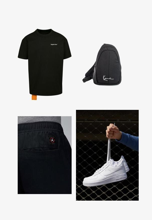 Melnas kokvilnas T-krekls ar brīvu piegriezumu, apaļu kakla izgriezumu un īsām piedurknēm. Uz krūtīm ir balts teksta logo, un apakšmalā ir oranžs uzšuves tags.; Melnas sporta bikses ar elastīgu jostasvītru, ar aizmugurējo kabatu un Jordan Brand logo uzšuvumu sarkanā un baltā krāsā.; Baltas ādas sporta apavi ar perforācijām, apaļu purngali, plakanu zoli un biezām šņorēm, ar redzamu swoosh logo un vārdu "AIR" uz papēža.; Melnas auduma siksnu mugursoma ar gludu tekstūru, ar izliekta dizaina, ar rāvējslēdzēju, un uz priekšu ir balts logo.