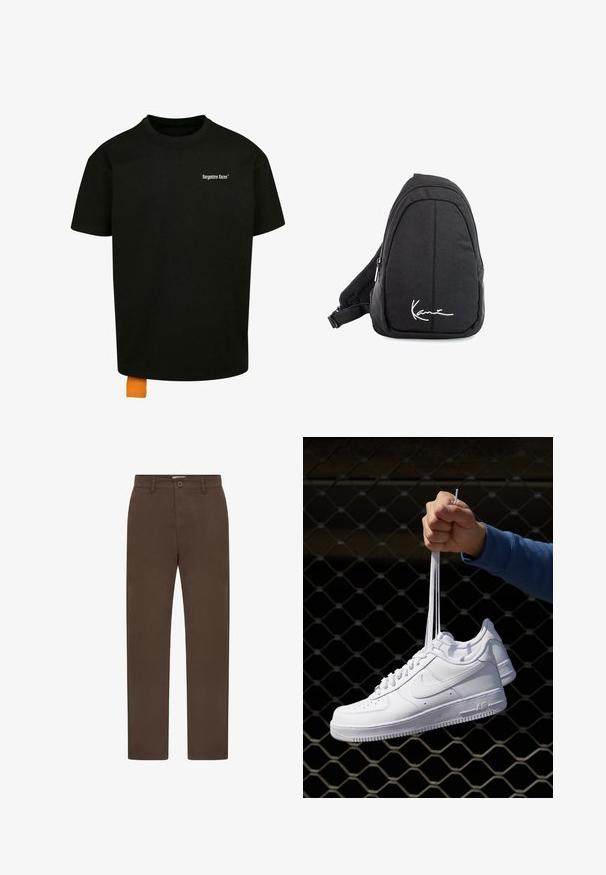 Schwarzes Baumwoll-T-Shirt mit lockerer Passform, Rundhalsausschnitt und kurzen Ärmeln. Mit weißem Textlogo auf der Brust und einem orangefarbenen Etikett am Saum.; Männer Chinos mit geradem Bein in Dunkelbraun, mit Gürtelschlaufen, Seitentaschen, Knopfverschluss und Reißverschluss.; Weiße Leder-Sneaker mit Perforationen, runder Zehenpartie, flacher Sohle und dicken Schnürsenkeln, mit sichtbar eingesticktem Swoosh-Logo und "AIR" an der Ferse.; Schwarzer Stoff-Sling-Rucksack mit glatter Textur, gekennzeichnet durch ein geschwungenes Design, ein Reißverschlussfach und einem weißen Logo auf der Vorderseite.