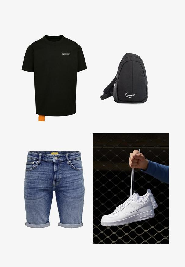 Black cotton t-shirt with a loose fit, crew neck, and short sleeves. Features white text logo on the chest and an orange tag at the hem.; Denim shorts in medium blue. Features a classic five-pocket design, rolled cuffs, and subtle fading on the fabric. Metal hardware included.; White leather sneakers with perforations, round toe, flat sole, and thick laces, featuring a visible swoosh logo and "AIR" on the heel.; Black fabric sling backpack with a smooth texture, featuring a curved design, zippered compartment, and a white logo on the front.