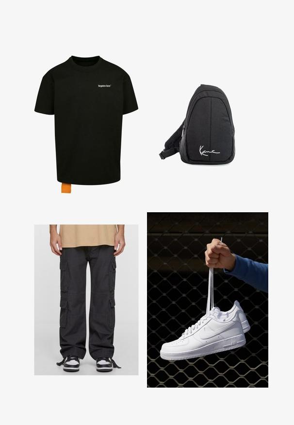 Melnas kokvilnas T-krekls ar brīvu piegriezumu, apaļu kakla izgriezumu un īsām piedurknēm. Uz krūtīm ir balts teksta logo, un apakšmalā ir oranžs uzšuves tags.; Melni cimdi bikses, kas izgatavotas no kokvilnas, ar vairākām sānu kabatām, brīvu piegriezumu un regulējamiem saišķiem pie potītēm. Saskaņotas ar melniem un baltiem sporta apaviem.; Baltas ādas sporta apavi ar perforācijām, apaļu purngali, plakanu zoli un biezām šņorēm, ar redzamu swoosh logo un vārdu "AIR" uz papēža.; Melnas auduma siksnu mugursoma ar gludu tekstūru, ar izliekta dizaina, ar rāvējslēdzēju, un uz priekšu ir balts logo.