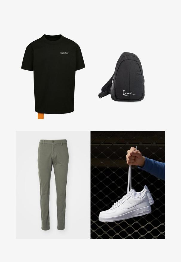 Black cotton t-shirt with a loose fit, crew neck, and short sleeves. Features white text logo on the chest and an orange tag at the hem.; Olive green trousers made of a smooth fabric, featuring a button closure, belt loops, and straight cut. No visible patterns or accents.; White leather sneakers with perforations, round toe, flat sole, and thick laces, featuring a visible swoosh logo and "AIR" on the heel.; Black fabric sling backpack with a smooth texture, featuring a curved design, zippered compartment, and a white logo on the front.