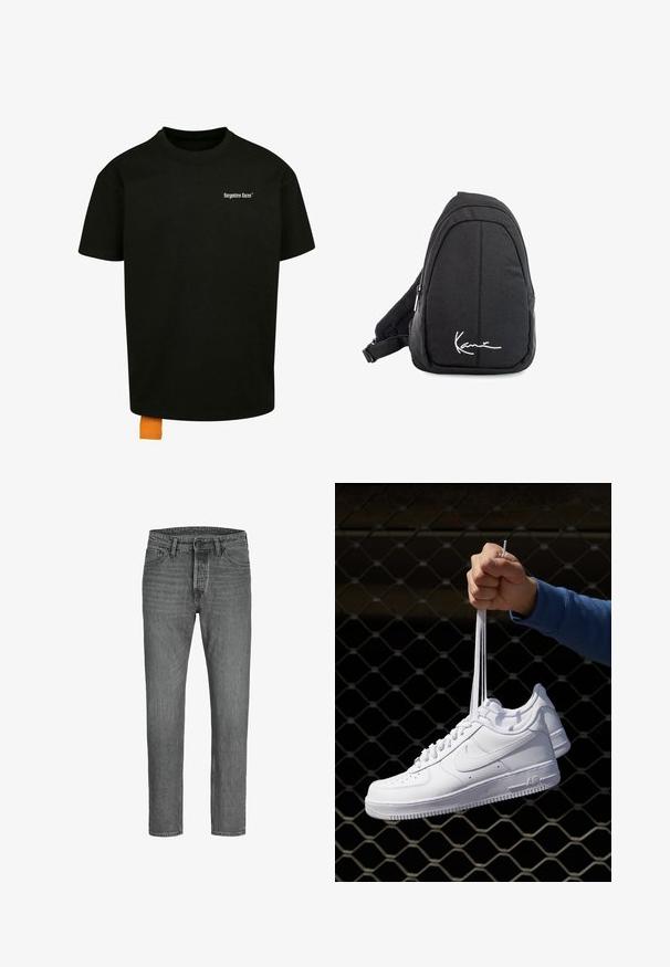 Black cotton t-shirt with a loose fit, crew neck, and short sleeves. Features white text logo on the chest and an orange tag at the hem.; Gray denim jeans with a straight cut, five-pocket design, and metal button closure. Well-worn texture and subtle fading throughout.; White leather sneakers with perforations, round toe, flat sole, and thick laces, featuring a visible swoosh logo and "AIR" on the heel.; Black fabric sling backpack with a smooth texture, featuring a curved design, zippered compartment, and a white logo on the front.