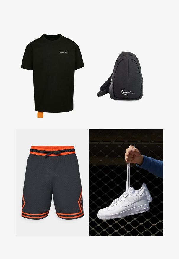 Must must T-särk, millel on lõtv lõige, ümmargune kaelus ja lühikesed varrukad. Rinnal on valge teksti logo ja hemil oranž silt.; Mustamad mustad sportilised lühikesed püksid oranžide aktsentidega, võrkpinnaga, elastse vöökoha ning nööridega ja kontrastsete külgtriipudega.; Valged nahast tennisetossud, millel on perforatsioonid, ümar nina, lame tallus ja paksud nöörid, nähtava swooshi logoga ja "AIR" kontsadel.; Mustmust kangas õlakott sujuva tekstuuriga, millel on kaarduv disain, tõmblukuga sektsioon ja valge logo esiküljel.