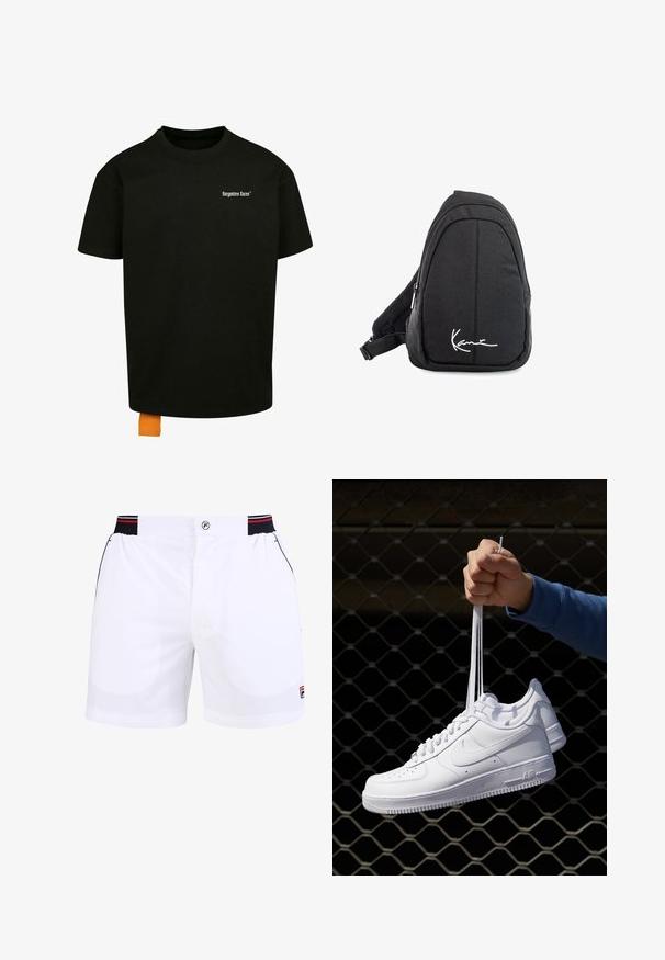 Schwarzes Baumwoll-T-Shirt mit lockerer Passform, Rundhalsausschnitt und kurzen Ärmeln. Mit weißem Textlogo auf der Brust und einem orangefarbenen Etikett am Saum.; Weiße Sportshorts mit einem elastischen Bund in Schwarz und Rot, Vordertaschen und einem Fila-Logo auf der unteren rechten Seite. Glatte Stoffstruktur.; Weiße Leder-Sneaker mit Perforationen, runder Zehenpartie, flacher Sohle und dicken Schnürsenkeln, mit sichtbar eingesticktem Swoosh-Logo und "AIR" an der Ferse.; Schwarzer Stoff-Sling-Rucksack mit glatter Textur, gekennzeichnet durch ein geschwungenes Design, ein Reißverschlussfach und einem weißen Logo auf der Vorderseite.