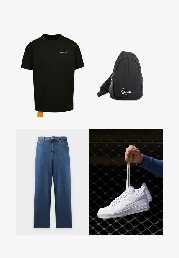 T-shirt en coton noir avec une coupe décontractée, col rond et manches courtes. Présente un logo en texte blanc sur la poitrine et une étiquette orange à l'ourlet.; Jean en denim bleu avec une coupe droite, taille haute et deux poches avant. Comprend des détails de couture classiques et une fermeture à bouton.; Baskets en cuir blanc avec perforations, à bout rond, semelle plate et lacets épais, arborant un logo swoosh visible et "AIR" sur le talon.; Sac à dos en toile noire avec une texture lisse, arborant un design courbé, un compartiment zippé et un logo blanc sur le devant.