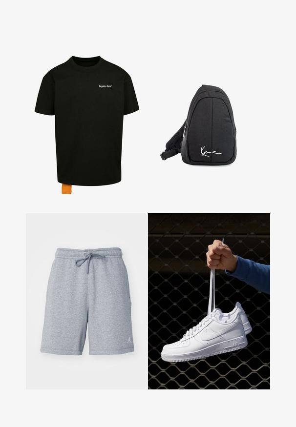 Tricou din bumbac negru, cu o croială lejeră, gât rotund și mâneci scurte. Prezintă un logo din text alb pe piept și un etichetă portocalie la tiv.; Pantaloni scurți gri dintr-un material moale, având o talie elastică cu șnur și un logo subtil pe partea inferioară a piciorului stâng.; Adidași albaștri din piele cu perforații, vârf rotund, talpă plată și șireturi groase, cu un logo swoosh vizibil și cu inscripția "AIR" pe toc.; Rucsac tip sling din țesătură neagră, cu o textură netedă, având un design curbat, compartiment cu fermoar și un logo alb pe partea din față.