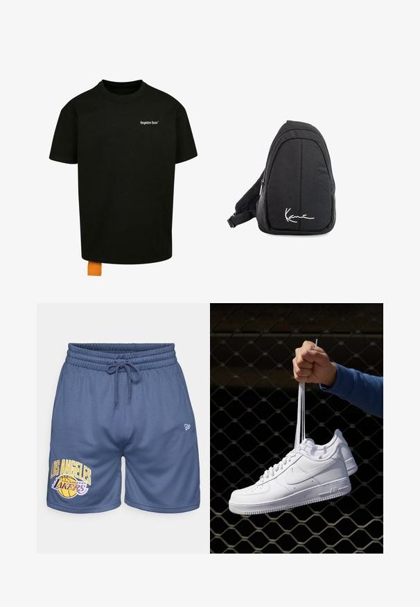 Černé bavlněné tričko s volným střihem, kulatým výstřihem a krátkými rukávy. Na hrudi se nachází bílý textový logo a na lemu je oranžová etiketa.; Modré síťované basketbalové šortky s elastickým páskem a nastavitelným stahovacím šňůrkem. Obsahují grafiku a logo "LOS ANGELES LAKERS".; Bílé kožené tenisky s perforacemi, kulatou špičkou, plochou podrážkou a silnými tkaničkami, které mají viditelné logo swoosh a nápis "AIR" na patě.; Černý textilní batoh s popruhem přes rameno, hladkým povrchem, zakřiveným designem, zipovou přihrádkou a bílým logem na přední straně.