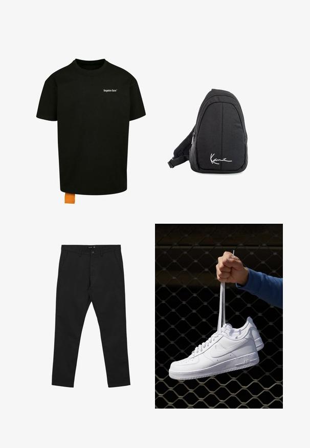 Schwarzes Baumwoll-T-Shirt mit lockerer Passform, Rundhalsausschnitt und kurzen Ärmeln. Mit weißem Textlogo auf der Brust und einem orangefarbenen Etikett am Saum.; Schwarze Baumwollhose mit geradem Bein, Knopfverschluss und Seitentaschen. Glatte Textur ohne sichtbare Muster oder Akzente.; Weiße Leder-Sneaker mit Perforationen, runder Zehenpartie, flacher Sohle und dicken Schnürsenkeln, mit sichtbar eingesticktem Swoosh-Logo und "AIR" an der Ferse.; Schwarzer Stoff-Sling-Rucksack mit glatter Textur, gekennzeichnet durch ein geschwungenes Design, ein Reißverschlussfach und einem weißen Logo auf der Vorderseite.