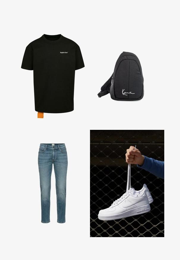 Black cotton t-shirt with a loose fit, crew neck, and short sleeves. Features white text logo on the chest and an orange tag at the hem.; Light blue denim jeans with a regular fit. Features five pockets, belt loops, and subtle stitching details. Smooth texture, straight leg design.; White leather sneakers with perforations, round toe, flat sole, and thick laces, featuring a visible swoosh logo and "AIR" on the heel.; Black fabric sling backpack with a smooth texture, featuring a curved design, zippered compartment, and a white logo on the front.