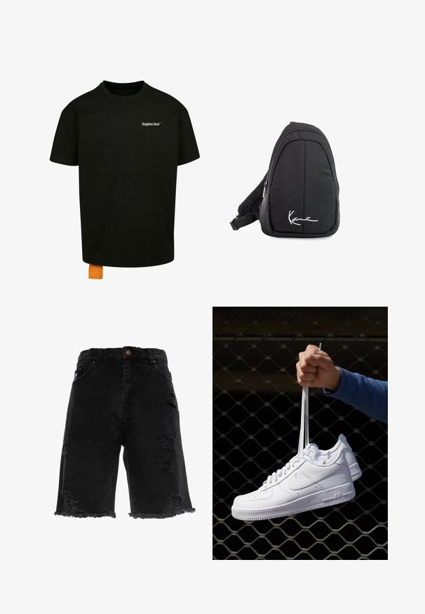 Svart bomulls t-shirt med en lös passform, rundad hals och korta ärmar. Har vit textlogotyp på bröstet och en orange etikett vid fållen.; Svarta denimshorts med fransad nederkant, med slitna hål och rak passform. Inkluderar traditionella framfickor och en metallknapp.; Vita lädersneakers med perforeringar, rund tå, platt sula och tjocka snörning, med en synlig swoosh-logga och "AIR" på hälen.; Svart tyg sling ryggsäck med en mjuk textur, med en rundad design, en dragkedjefack och en vit logotyp på framsidan.