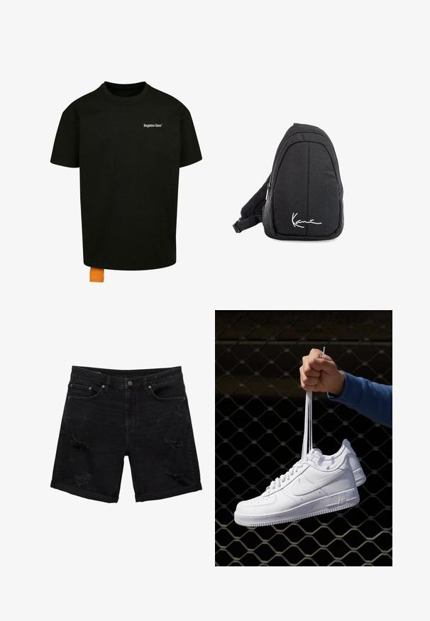 Fekete pamut póló laza szabással, kerek nyakkal és rövid ujjakkal. Fehér szöveges logóval a mellrészen és narancssárga címkével az alján.; Fekete farmer rövidnadrág laza szabással, kopott részletekkel, öt zsebes kialakítással és felgöngyölt szegéllyel.; Fehér bőr sportcipők perforációval, kerek orral, lapos talppal és vastag fűzőkkel, látható swoosh logóval és "AIR" felirattal a sarokrészen.; Fekete szövet válltáska sima textúrával, ívelt kialakítással, cipzáras rekesszel, és egy fehér logóval az elején.