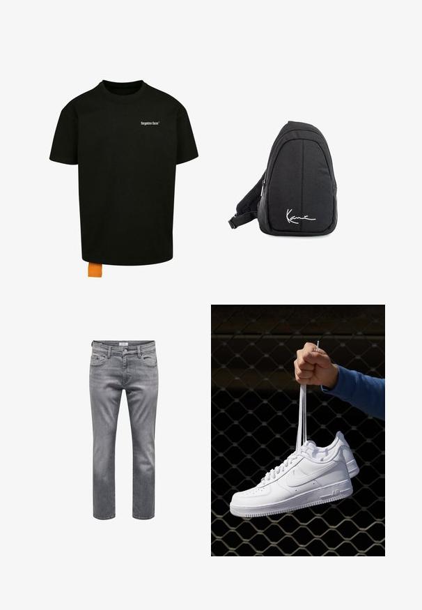 Black cotton t-shirt with a loose fit, crew neck, and short sleeves. Features white text logo on the chest and an orange tag at the hem.; Gray denim jeans with a classic five-pocket design, zip fly, and a straight-leg cut. The fabric features a subtle texture and light fading.; White leather sneakers with perforations, round toe, flat sole, and thick laces, featuring a visible swoosh logo and "AIR" on the heel.; Black fabric sling backpack with a smooth texture, featuring a curved design, zippered compartment, and a white logo on the front.