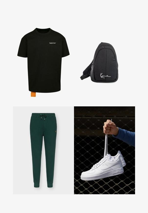 Zwarte katoenen t-shirt met een losse pasvorm, ronde hals en korte mouwen. Bevat een wit tekstlogo op de borst en een oranje label aan de zoom.; Groene katoenen sweatpants, tapered fit, elastische tailleband met trekkoord, geribde boorden, subtiel gouden logo-detail aan de zijkant.; Witte leren sneakers met perforaties, ronde neus, vlakke zool en dikke veters, met een zichtbare swoosh-logo en "AIR" op de hiel.; Zwarte stoffen schouderrugzak met een soepele textuur, met een gebogen ontwerp, een ritscompartiment en een wit logo aan de voorkant.