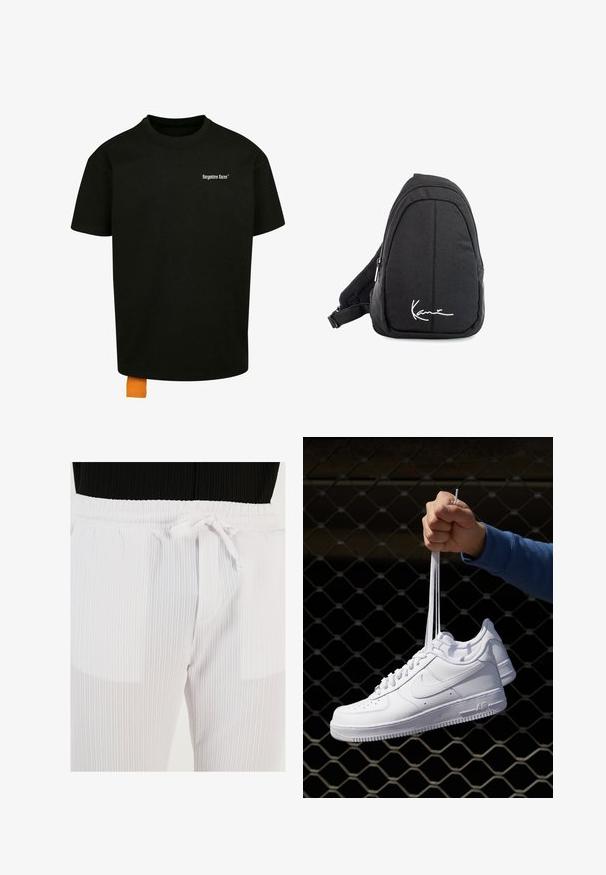 Zwarte katoenen t-shirt met een losse pasvorm, ronde hals en korte mouwen. Bevat een wit tekstlogo op de borst en een oranje label aan de zoom.; Buratti Broek - white; Witte leren sneakers met perforaties, ronde neus, vlakke zool en dikke veters, met een zichtbare swoosh-logo en "AIR" op de hiel.; Zwarte stoffen schouderrugzak met een soepele textuur, met een gebogen ontwerp, een ritscompartiment en een wit logo aan de voorkant.