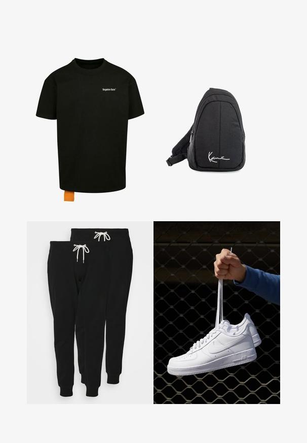 Schwarzes Baumwoll-T-Shirt mit lockerer Passform, Rundhalsausschnitt und kurzen Ärmeln. Mit weißem Textlogo auf der Brust und einem orangefarbenen Etikett am Saum.; Schwarze Baumwoll-Sweatpants mit einem Kordelzugbund, schmalem Bein und gerippten Bündchen; zwei Paare sind abgebildet.; Weiße Leder-Sneaker mit Perforationen, runder Zehenpartie, flacher Sohle und dicken Schnürsenkeln, mit sichtbar eingesticktem Swoosh-Logo und "AIR" an der Ferse.; Schwarzer Stoff-Sling-Rucksack mit glatter Textur, gekennzeichnet durch ein geschwungenes Design, ein Reißverschlussfach und einem weißen Logo auf der Vorderseite.