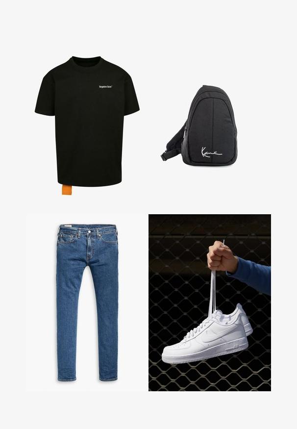 Camiseta de algodón negra con un corte holgado, cuello redondo y mangas cortas. Presenta un logotipo en texto blanco en el pecho y una etiqueta naranja en el dobladillo.; Jeans ajustados de denim azul con cinco bolsillos, botón frontal y trabillas para cinturón, mostrados de forma plana sobre un fondo blanco.; Zapatillas de cuero blanco con perforaciones, punta redonda, suela plana y cordones gruesos, con un logo de swoosh visible y "AIR" en el talón.; Mochila de tela negra tipo bandolera con una textura suave, que presenta un diseño curvado, un compartimento con cremallera y un logo blanco en la parte frontal.