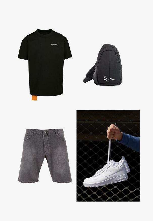 Juodas medvilnės marškinėliai laisvu kirpimu, apvalia iškirpte ir trumpomis rankovėmis. Pirmoje pusėje yra balta tekstinė logo ir oranžinė etiketė ant apačios.; Tamsiai pilki džinsiniai šortai su tiesia forma, priekinėmis kišenėmis ir priekinio užsegimo mygtuku. Akcentuoja subtilią tekstūrą ir viršutinio siuvimo detales.; Balti odiniai sportiniai bateliai su perforacijomis, apvalia nosimi, plokščiu padu ir storomis raištelėmis, su matomu swoosh logotipu ir "AIR" ant kulno.; Juodas audinio petinis krepšys su lygiu paviršiumi, turintis kreivą dizainą, užtrauktuku uždaromą skyrių ir baltą logotipą priekyje.