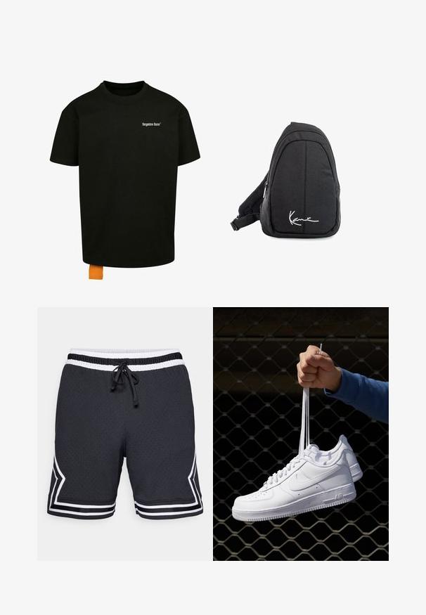 Tricou din bumbac negru, cu o croială lejeră, gât rotund și mâneci scurte. Prezintă un logo din text alb pe piept și un etichetă portocalie la tiv.; Şorturi sportive negre dintr-un material texturat din plasă, cu o talie cu șnur, dungi albe și accente în unghi pe laterale.; Adidași albaștri din piele cu perforații, vârf rotund, talpă plată și șireturi groase, cu un logo swoosh vizibil și cu inscripția "AIR" pe toc.; Rucsac tip sling din țesătură neagră, cu o textură netedă, având un design curbat, compartiment cu fermoar și un logo alb pe partea din față.