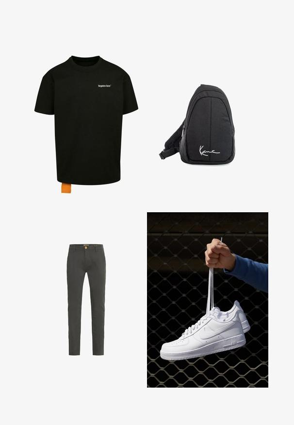 Black cotton t-shirt with a loose fit, crew neck, and short sleeves. Features white text logo on the chest and an orange tag at the hem.; Dark gray, slim-fit chinos made from cotton blend. Features a single button closure and belt loops. Smooth texture with minimal detailing.; White leather sneakers with perforations, round toe, flat sole, and thick laces, featuring a visible swoosh logo and "AIR" on the heel.; Black fabric sling backpack with a smooth texture, featuring a curved design, zippered compartment, and a white logo on the front.