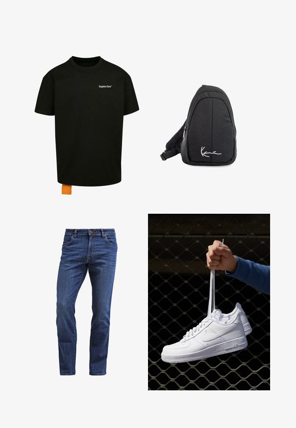 Melnas kokvilnas T-krekls ar brīvu piegriezumu, apaļu kakla izgriezumu un īsām piedurknēm. Uz krūtīm ir balts teksta logo, un apakšmalā ir oranžs uzšuves tags.; Tumši zilie džinsi ar taisnu piegriezumu, ar piecām kabatām, pogu jostasvietā un vieglu izbalēšanu uz augšstilbiem.; Baltas ādas sporta apavi ar perforācijām, apaļu purngali, plakanu zoli un biezām šņorēm, ar redzamu swoosh logo un vārdu "AIR" uz papēža.; Melnas auduma siksnu mugursoma ar gludu tekstūru, ar izliekta dizaina, ar rāvējslēdzēju, un uz priekšu ir balts logo.